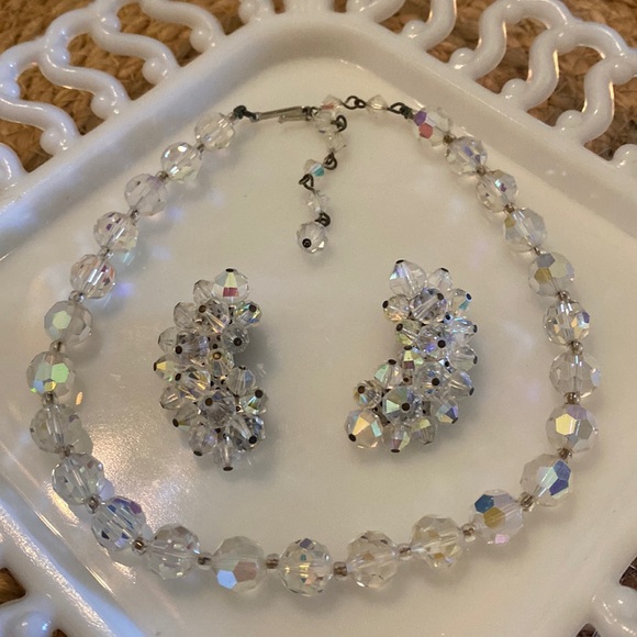 Bundle of vintage Laguna AB crystal earrings and unsigned AB crystal necklace - Picture 1 of 9